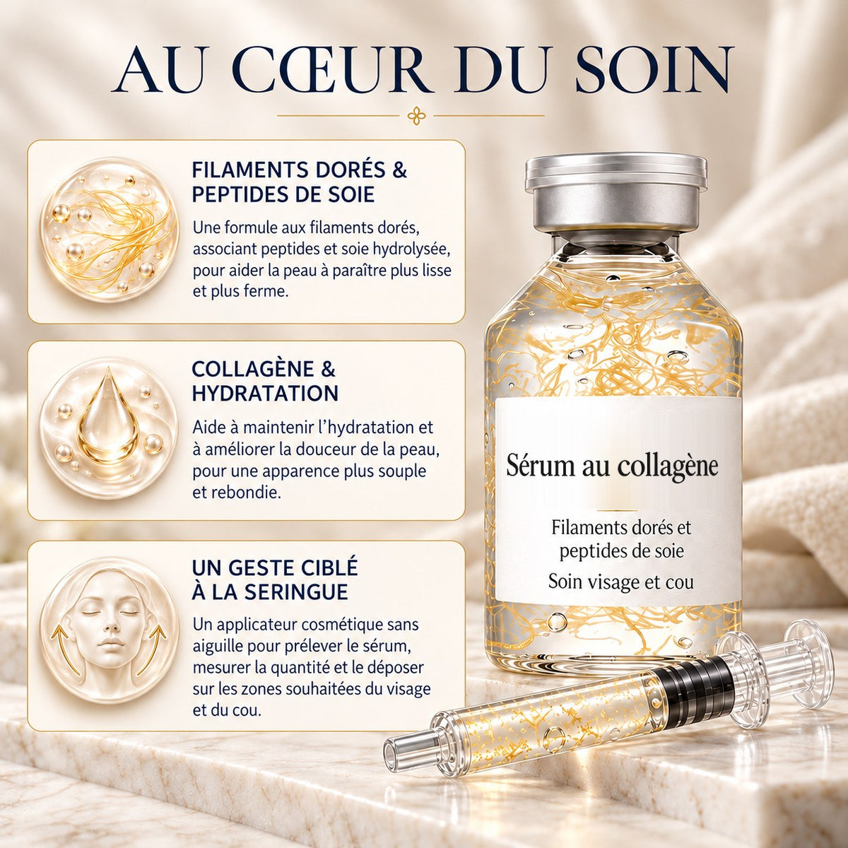 Au cœur du soin : filaments dorés, collagène et seringue doseuse